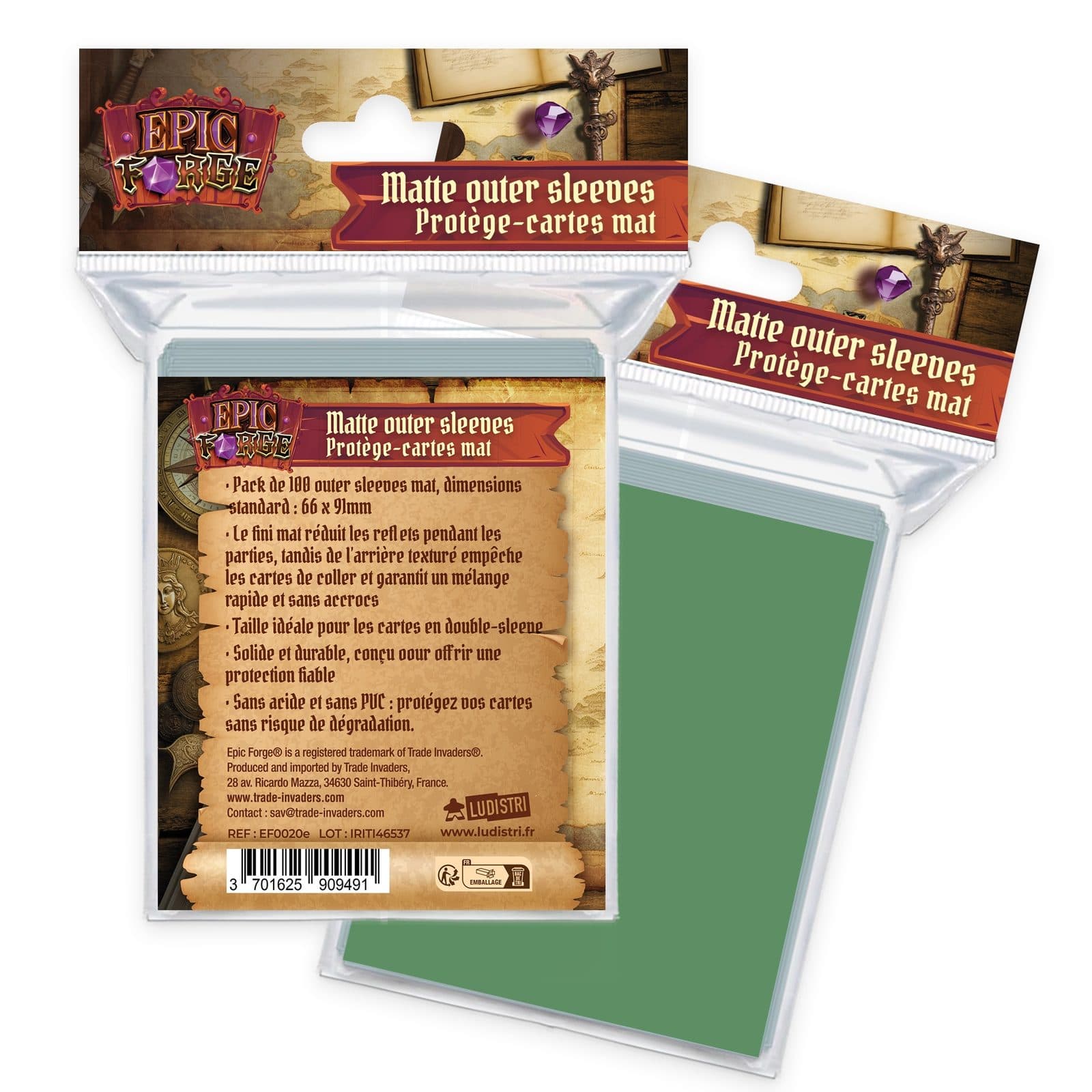EPIC FORGE Outer sleeves Mat (66*91 mm) x100 (100 microns) - GREEN - Trade Invaders 3701625909491