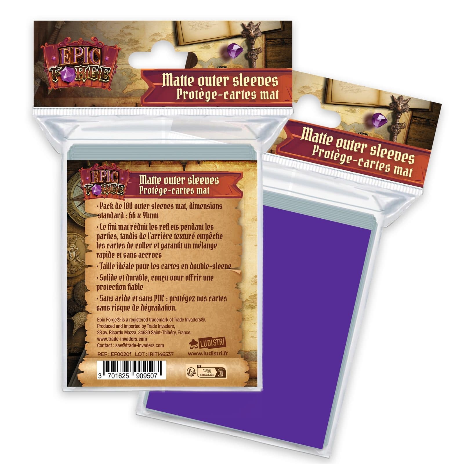 EPIC FORGE Outer sleeves Mat (66*91 mm) x100 (100 microns) - PURPLE - Trade Invaders 3701625909507